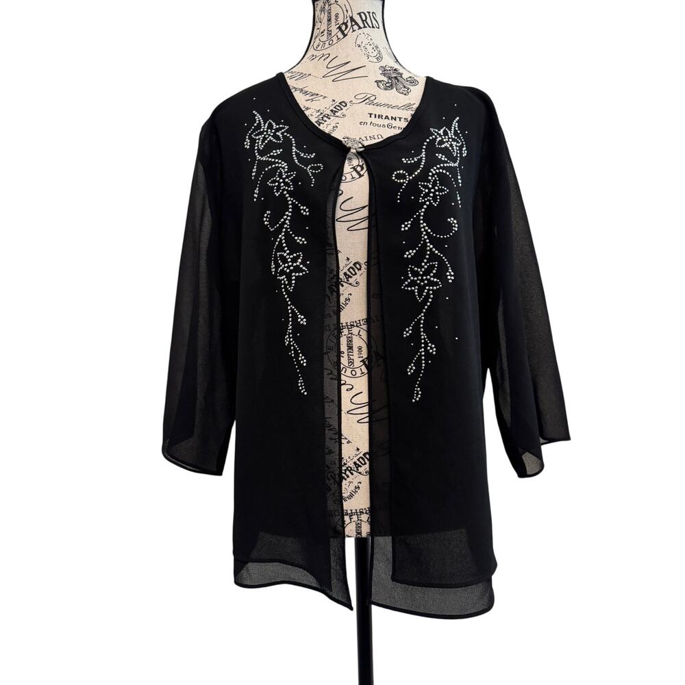 C.O.C. Women's 2X Black Rhinestone Cardigan Sheer Layered Top 3/4 Sleeve